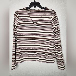 Caslon Brown/White w/ A Hint Of Pink Fitted Ribbed Blouse Long Sleeve Size Large